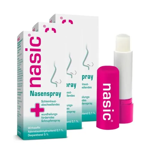 nasic Nasenspray mit dem Wirkplus | Abschwellendes & wundheilungsförderndes Schnupfenspray für Erwachsene & Schulkinder | Mit Xylometazolin & Dexpanthenol | Sparset 3 x 10 ml inkl. Lippenpflegestift
