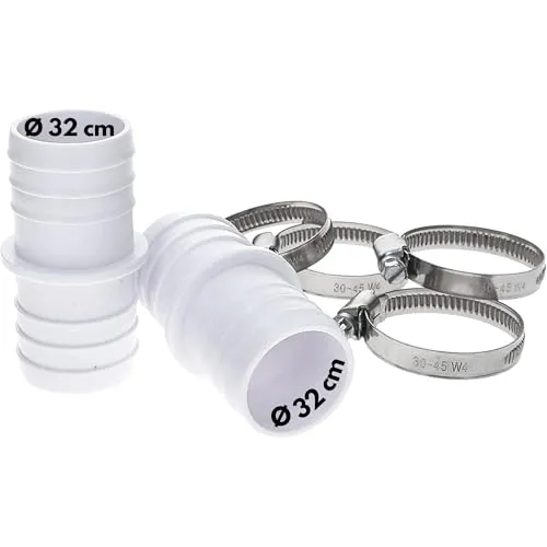 Amapool Schlauchtüllen Set I 2x 32mm Schlauchverbinder für Poolschlauch I 4x W4 Edelstahlschellen V2A ø 30-45mm I Pool Zubehör 6-teilig