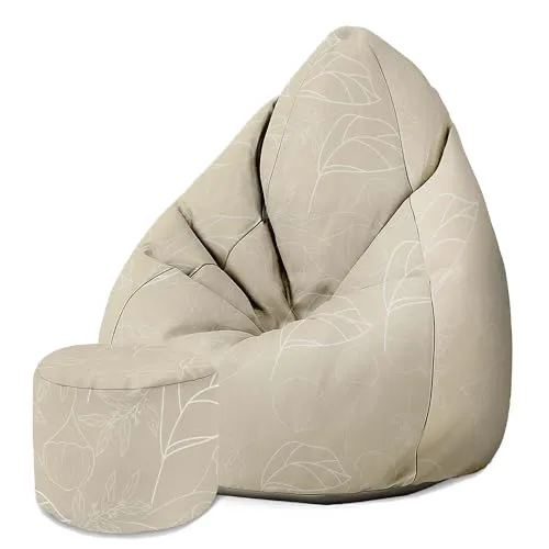 DreamRoots Sitzsack Erwachsene mit Füllung 80x80x120cm - Bean Bag Chair - Sitzsäcke mit Lehne und Hocker und Bezug - Sitzsack Sessel - Chill Sessel Velvet Scandinavian Nature