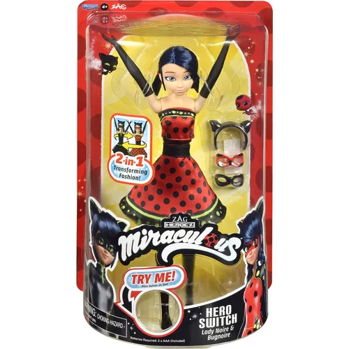 Miraculous Fashion Hero Switch Doll 26 cm - Dolls Accessories: Verwandeln Sie sich mit einem Knopfdruck in zwei Miraculous-Helden! Inklusive Katzenohren-Haarband und zwei abnehmbaren Masken für endlosen Spielspaß.