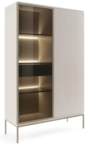 Emporius Haller Vitrinenschrank 100 cm, Glasvitrine Stehend - Highboard, Vitrine, Glasvitrine Beige mit LED und Lamellen - 166 cm hoch