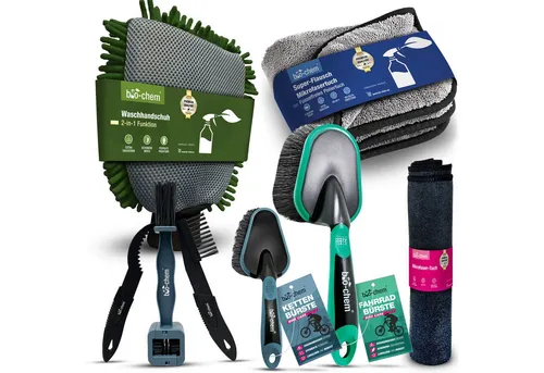 bio-chem Fahrradwerkzeugset 8-tlg. – Premium Reinigungsset für Fahrräder - Fahrrad-Pflegemittel: Professionelles Set mit Rahmen- & Kettenbürste, Spezialbürsten und Tüchern für eine schonende und gründliche Pflege von Rennrad, E-Bike und MTB.