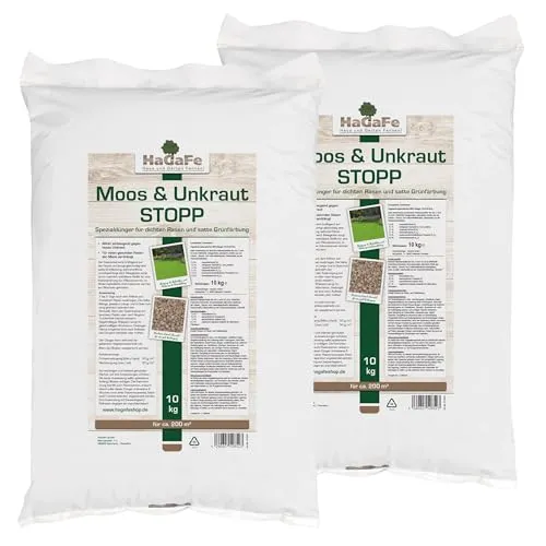 HaGaFe Rasendünger Moos und Unkraut - Stopp, Spezialdünger gegen Moos und Unkraut, mit Eisen und Maisgluten (20 kg für 400 m²)
