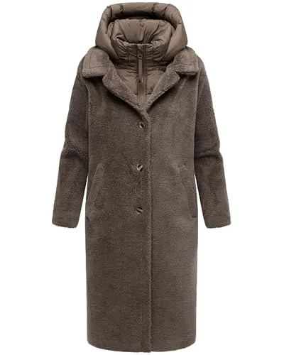 Navahoo Damen Plüschmantel Teddyzauber 14 Stone Brown Gr. M - Modischer Plüschmantel aus kuscheligem Kunstfell für stilvolle Herbst- und Winteroutfits. Mit abnehmbarem Krageneinsatz und praktischen Taschen – ideal für Komfort und Funktionalität.