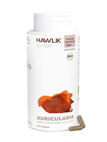 HAWLIK Vitalpilze Auricularia Pulver Kapseln - 250 Kapseln - 500 mg Vitalpilz Pulver - Natürlicher Anbau - Vegan - Zuckerrohr-Dose