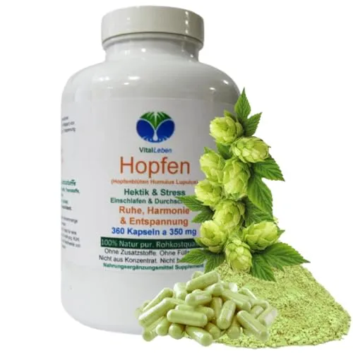 HOPFEN Hopfenblüten 360 Kapseln – Wechseljahre, innere Ruhe, abends abschalten, erholsame Nachtruhe - traditionell in Phasen hormoneller Umstellung - 100% Natur pur. OHNE ZUSATZSTOFFE. 26655-360