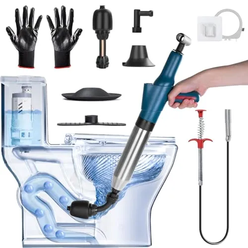 DkevEu Rohrreiniger Druckluft, Abflussreiniger Pumpe mit Luftdruckanzeige, Rohrreinigungspumpe mit 4 Saugnäpfen Handschuhe und Krallengreifer, Abflussreiniger für Toiletten Küchenrohre (Grün)