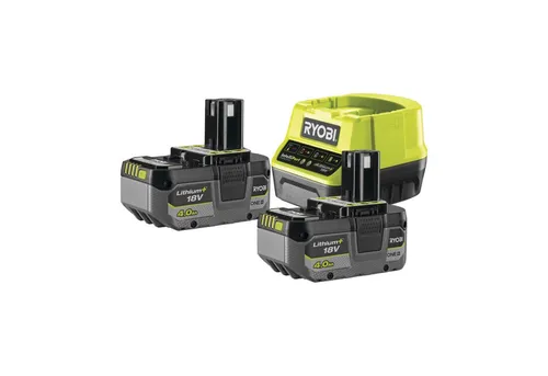 RYOBI 18V ONE+ Akku-Starterset RC18120-240X - Elektrowerkzeug-Akkus mit 2x 4,0 Ah Lithium-Ionen Akkus und Schnellladegerät, ideal für effizientes Arbeiten ohne Unterbrechungen.