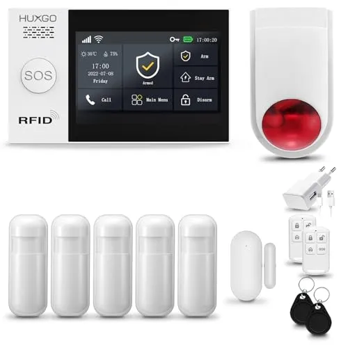 HUXGO® HXA007 Alarmanlage Haus WiFi + GSM mit Funk Sirene | Tuya Smartlife App | Alarm System mit Fenstersensor, 5X Bewegungssensor | Alarmanlage Wohnung, Garage | Smart Home