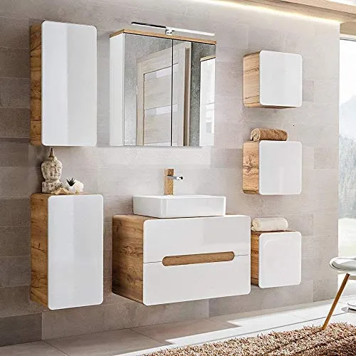 Lomadox Badmöbel-Set LUTON-56 – 7-teilig, Weiß & Wotan Eiche, inkl. LED-Spiegelschrank