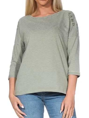 Elbsand Damen 3/4-Arm Shirt ESWVeera 70597 00 Green Leaf+Cloud White XL - Hüftlanges, gestreiftes Damenshirt mit Dreiviertel-Ärmeln und Rundhals-Ausschnitt. Ideal für den Alltag und vielseitig kombinierbar.