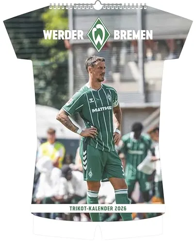 N Neumann - Werder Bremen 2026 – Trikotkalender 34x42 cm mit 12 Monatsblättern, 2-sprachigem Kalendarium & Spiralbindung, origineller Fußball-Wandkalender in Trikotform für Fans: Trikot-Kalender 2026