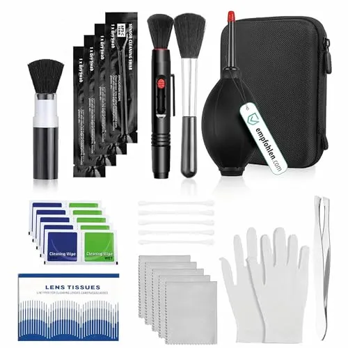 pixly® Kamera Reinigungsset 16-teilig; Professionelles DSLR Reinigungsset mit Blasebalg, 2-in-1 Linsenstift, Reinigungspinsel, Handschuhen & Mikrofasertüchern, Für Kamera, Objektiv & Sensor