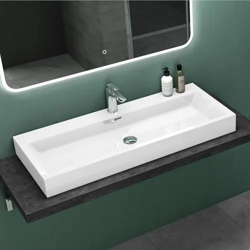 Mai & Mai Waschbecken Aufsatzwaschbecken Hängewaschbecken Breite: 120cm Waschschale Mineralguss in weiß 1 Armaturenloch Bad Eckig Col06