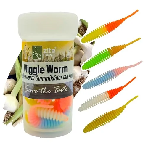 Zite Fishing Wiggle Worm Neon Mix 10 STK – Aromatisierter Lamellen Gummiwurm Forellen-Köder - 5,5cm Gummiköder für UL Angeln – Phthalatfrei – Neon Knoblauch