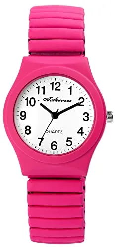 Adrina Damen-Uhr Edelstahl Zugarmband Neon-Pinke große Ziffern Länge 18cm Durchmesser -34mm Breite 18mm Geschenke für Frauen