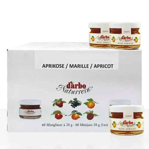 d arbo Naturrein Konfitüre - Erdbeere, Aprikose, Himbeere, Kirsche, Schwarze Johannisbeere, 60 Gläser voller fruchtigem Genuss