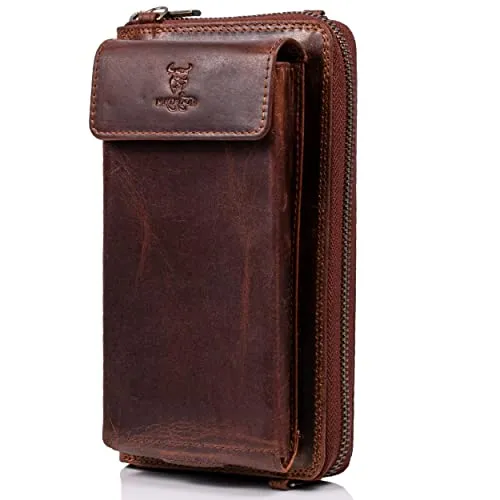 MATADOR 2in1 Echt Leder Umhängetasche Geldbörse mit Handytasche zum Umhängen Mittelgroß mit abnehmbarem Schultergurt| Strandtasche Damen-Umhängetaschen Leder mit RFID NFC Schutz Blocker & Geschenk Box