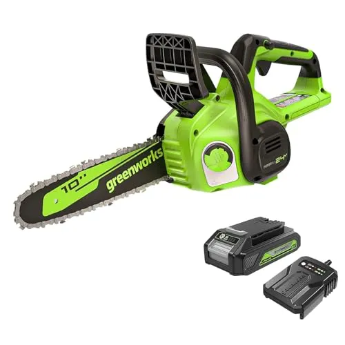 Greenworks 24V 25cm Akku Kettensäge mit 2Ah Akku und Ladegeräte, Schwertlänge 25 cm, Kettengeschwindigkeit 4,3 m/s, Automatische Ölung, Akku Säge mit Rückschlagschutz