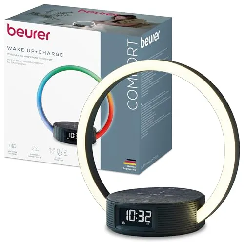BEURER WL 65 Wake up+Charge Wecker - Wecker mit Sonnenaufgangssimulation und Qi-Ladefunktion für sanftes Aufwachen. Integriertes LED-Stimmungslicht mit 6 Farben und individuellem Weck- sowie Einschlafmelodien für maximalen Komfort.