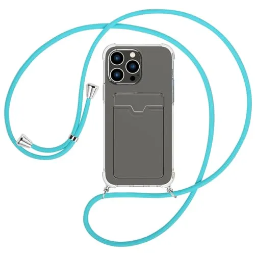 mtb more energy® Handykette mit Kartenfach kompatibel mit iPhone 15 Pro Max - türkis - Smartphone Hülle zum Umhängen - Anti Shock Full TPU Case