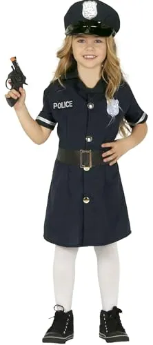Police Girl Polizei Mädchenkostüm - Kinder 5-6 Jahre - Kostüme für kleine Ordnungshelferinnen, schickes dunkelblaues Kleid mit Gürtel und passender Mütze mit Abzeichen für einen authentischen Look.