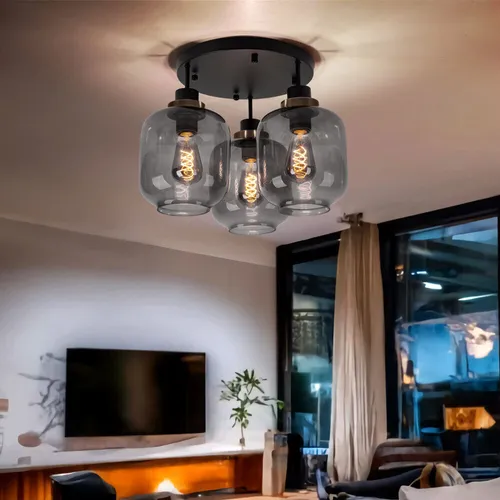 Schicke Deckenlampe 3-flammig schwarz mit rauchfarbenem Glasschirm - Moderne Deckenleuchte für den Esstisch, 3x E27 Fassung für individuelle Lichtgestaltung, elegantes Design aus Metall und Glas, ideal für stilvolle Wohnräume.