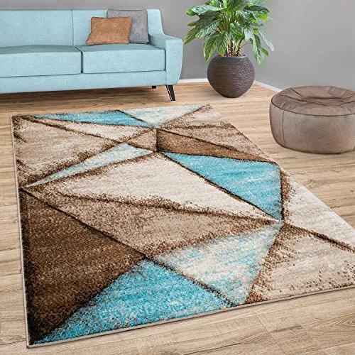 Paco Home Teppich Wohnzimmer Geometrisches Muster Vintage Kurzflor Modern Blau Beige Braun, Grösse:60x100 cm