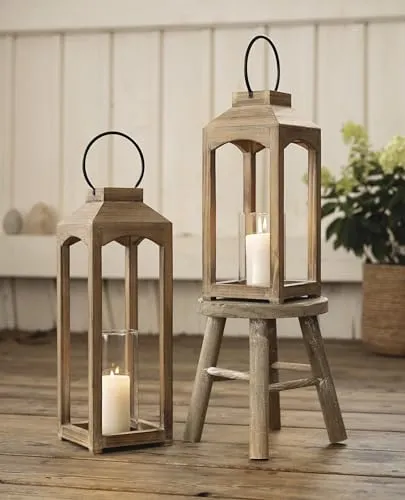 2X Laterne Wood aus Holz - stilvolle Bodenlaterne im Set - Laternen im 2er Set, aus weiß gekalktem Holz mit abnehmbarem Glaszylinder. Ideal für stimmungsvolle Beleuchtung und Dekoration, Maße: 38 + 48 cm hoch.