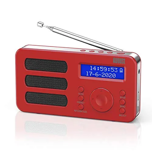 August MB225 - Tragbares Radio mit DAB+ / DAB/FM RDS-Funktion 40 Presets digitaler Radiowecker Stereo/Mono Digitalradio mit Sleeptimer Doppelalarm Snooze und wiederaufladbare Batterie Audioanschluss