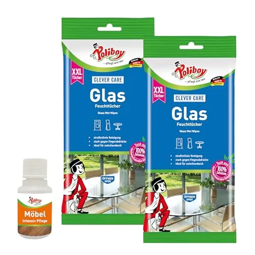 POLIBOY XXL Glas Feuchttücher - Streifenfreie Reinigungstücher für Glasoberflächen - Praktische Fenstertücher - 2x 24 Tücher - Mit Produktprobe - Made in Germany
