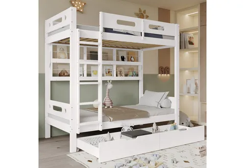 Merax Etagenbett (1-St., Stockbett Jugendbett Doppelbett), Kiefer Kinderbett 90x200cm mit 2 Schubladen, Bücherregal & Leiter