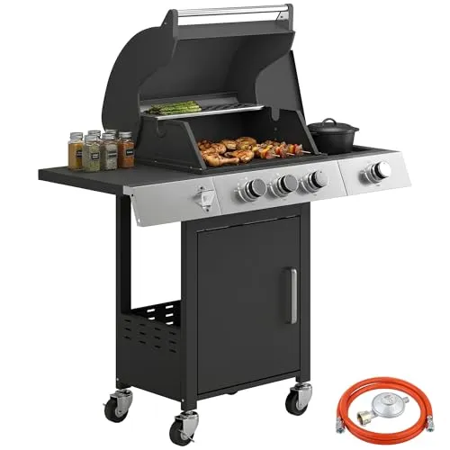 Gasgrill 10,5 KW 3+1 Brenner BBQ Grillwagen Edelstahl - Vielseitiger Gasgrill mit 3+1 Brennern, integrierten Thermometer und Automatikzündung. Ideal für Grillabende im Freien. Robustes Edelstahl-Design und praktische Rollen für einfachen Transport.