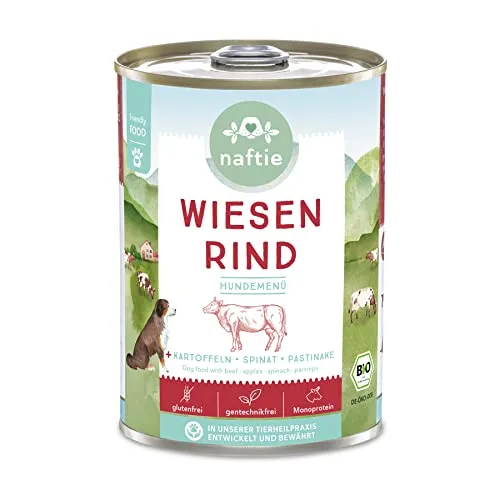 naftie Bio Hundefutter Wiesen Rind - Premium Nassfutter Menü mit Rindfleisch & Kartoffeln - getreidefrei glutenfrei - purinarm - 400g Dosen