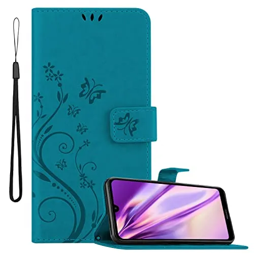 Cadorabo Hülle kompatibel mit Huawei Y7 2019 / Y7 Prime 2019 in FLORAL BLAU - Schutzhülle im Blumen Design mit Magnetverschluss, Standfunktion und Kartenfächern