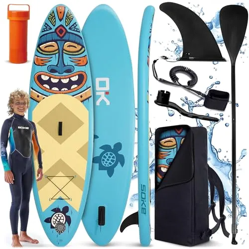 Soke Stand Up Paddle Board SUP Set - Aufblasbar - Pumpe Paddel Leash Rucksack - 85 kg Belastbar - Aquasurf 275 x 76 x 12 cm