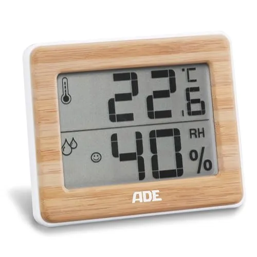 ADE Digitales Thermometer und Hygrometer aus Bambus - Hygrometer für optimales Raumklima: Misst Temperatur und Luftfeuchtigkeit, ideal zur Schimmelvermeidung. Stilvolles Design aus echtem Bambus, kompakt und vielseitig montierbar.