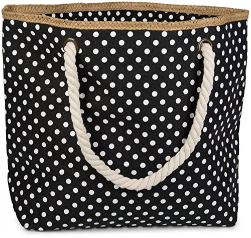 styleBREAKER Strandtasche mit Punkte Muster und Reißverschluss - Damen-Shopper mit großem Hauptfach und praktischer Kosmetiktasche, ideal für Strandbesuche oder Einkäufe. Stilvolles Design mit Punkten und Bastakzenten.