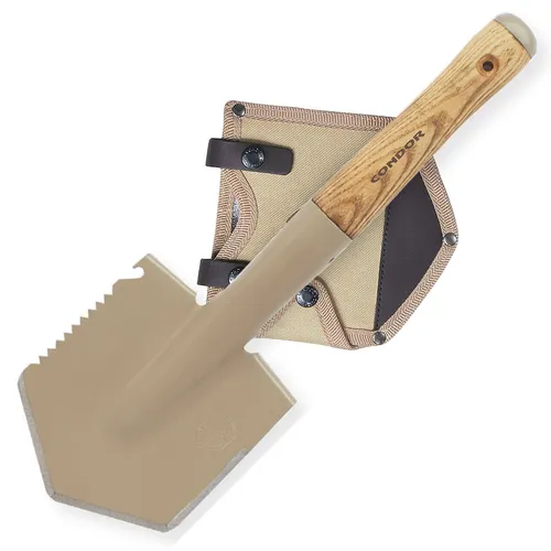 Condor Camping Shovel - Robuste Camping-Schaufel aus 1045 High Carbon Stahl mit Säge- und Axtschneide, ideal für Outdoor-Abenteuer. Inklusive praktischer Micarta-Scheide, MOLLE-kompatibel.