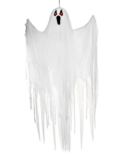 Horror-Shop Weißer Geist mit Bewegung, Licht und Soundeffekt – 153 cm Halloween Deko - Der weiße Geist mit Bewegung, Licht und Soundeffekt sorgt für schaurige Stimmung an Halloween. Lebensgroß, bewegt er die Arme und leuchtet mystisch. Ideal zum Aufhängen und ein echter Blickfang für jede Feier!