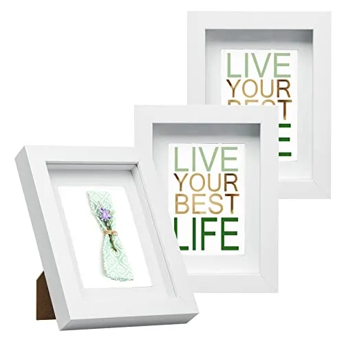 EUGAD 3er Set 3D Bilderrahmen zum Befüllen, Objektrahmen A4 (21x29,7 cm), tiefer Rahmen für Objekte bis 1,5 cm, Holzrahmen Collage mit Papier-Passepartout, Weiß