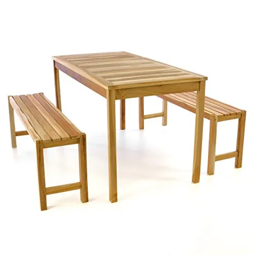 Divero Garten-Set Sitzgruppe Gartenmöbel-Garnitur 3-teilig 1 Tisch 2 Bänke behandelt unbehandelte Oberfläche Teak-Holz massiv 135 cm wählbar (Teak Natur)