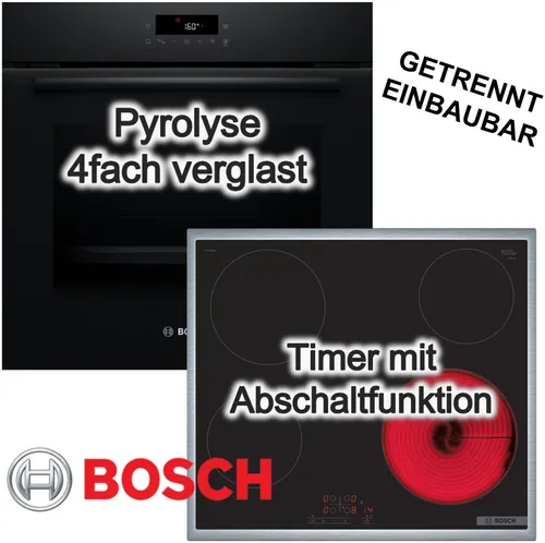 Bosch Backofen-Set 3D-Heißluft mit Pyrolyse und Glaskeramikkochfeld - Komplettes Set mit 4 Kochplatten und 71L Backofen. Touch-Bedienung, energieeffizient und pflegeleicht dank Pyrolyse-Selbstreinigung. Ideal für moderne Küchen.