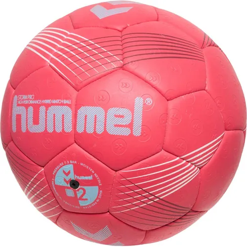 hummel Handball Storm Pro Größe 2 - Red/Blue/White - Handball aus semi-mikrofaser PU mit Air-Touch-Schaumoberfläche, ideal für Resin-Nutzung und bietet zwei Jahre Garantie auf Klebung und Form.