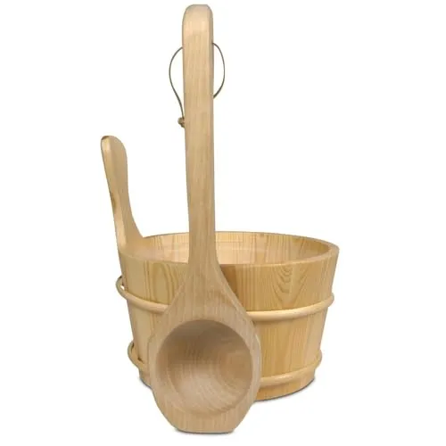 Saunazubehör Set Kübel 4 L und Schöpfkelle aus Birkenholz mit Kunststoffeinsatz - Traditioneller Saunaeimer mit Holzreifen und Saunakelle 40 cm Länge