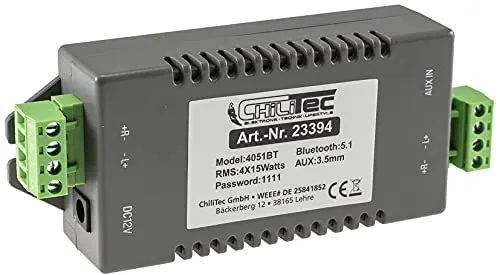 ChiliTec Bluetooth 4-Kanal Verstärker 15W - Hifi-Verstärker mit 4x 15Watt Leistung, ideal für Küche, Büro oder Wohnzimmer. Kabellose Bluetooth-Verbindung bis 10m und zusätzlicher AUX-Eingang für vielseitige Musikwiedergabe.