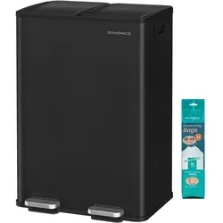 Mülleimer Küche, 2 x 30 Liter, 2 Fächer, Abfalleimer, Tretmülleimer, Softclose-Deckel, Stahl, tintenschwarz