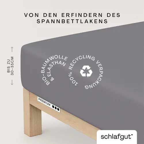 Schlafgut Spannbettlaken Premium - Mako-Zwirn-Jersey in Grau - Bettlaken aus Bio-Baumwolle mit rundum Gummizug, ideal für Matratzen bis 30 cm Höhe. Pflegeleicht, bügelfrei und in umweltfreundlicher Zero Waste Verpackung.