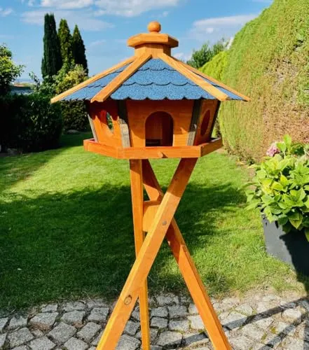 DARLUX Vogel Futter Haus L oder XL Sechseck Holz Vogelhaus Futterstelle Braun/Blau, Rot, Schwarz und Grün (XL mit Ständer, Blau - Braun)