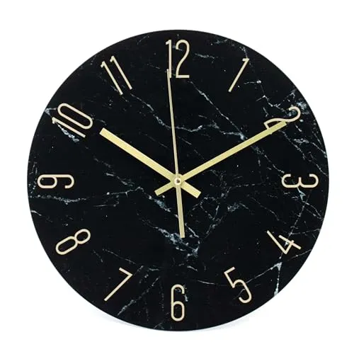 K&L Wall Art 30cm große Wanduhr aus Glas Küchenuhr Marmor Optik auf Klarglas leise Glasuhr ohne Tick-Geräusche (Marble schwarz-weiß)